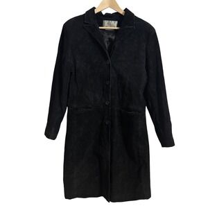Vintage Margaret Godfrey Black Suede Leather Trench Coat Jacket Womens 12‎ Goth